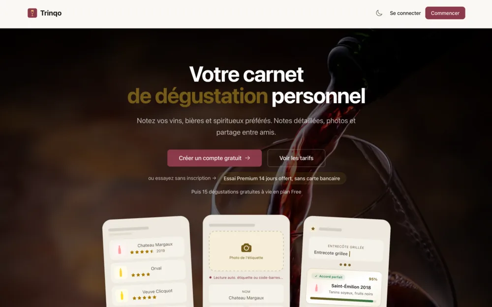 Application Trinqo, carnet de dégustation de vins, bières et spiritueux, réalisée par Graficart
